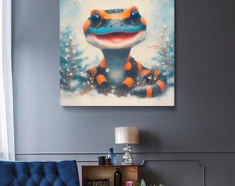 Impresión en lienzo de lagarto, decoración moderna de lagarto rayado sonriente, arte de pared invernal para habitación infantil, arte de pared de fantasía con estampados de animales