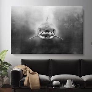 Shark Canvas Print, Black and White Shark Wall Art, Ocean Modern Art, Black and White Shark Art Picture, Shark Art Decor for Home or Office