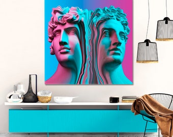 Psychedelic Melty Statue Modern Pop Art Print, Antique Sculpture Pop Art Collage Canvas Print, Creative Statue Head Contemporary Wall Art