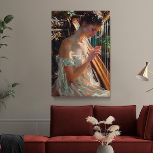 Harp Wall Art, Woman Playing Harp Canvas Print, Music Artwork, Classical Music Art Print, Vintage Harp Art Picture, Harpist Art Canvas