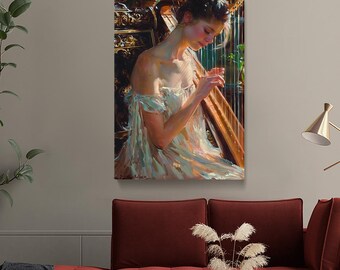 Harp Wall Art, Woman Playing Harp Canvas Print, Music Artwork, Classical Music Art Print, Vintage Harp Art Picture, Harpist Art Canvas