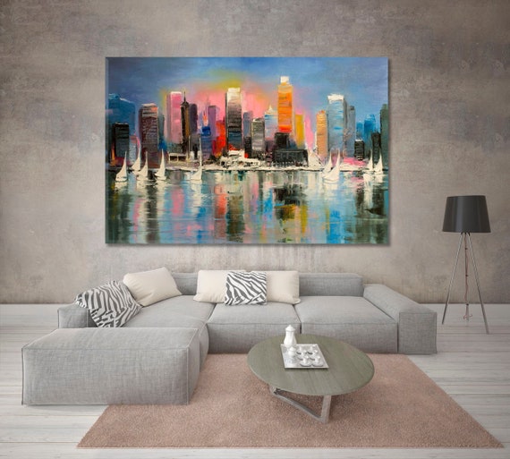 Sunrise Coastal City Large Wall Decor, Original Oil Painting On Canvas, Scenery Artwork, Reflection Contemporary Art, Cityscape Wall Art