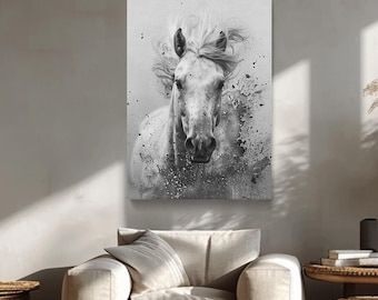 Horse Abstract Art Print, Black and White Horse Canvas Print, Horse Wall Art, Large Animal Art for Living Room, Office or Horse Lover Gift