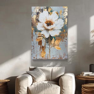 Blumen Wandkunst, Goldene und weiße Blume Leinwand Druck, Blumen Kunstwerk Geschenk für Wohnkultur, Botanisches Kunstwerk, Blumen Minimalistische Wandbehänge