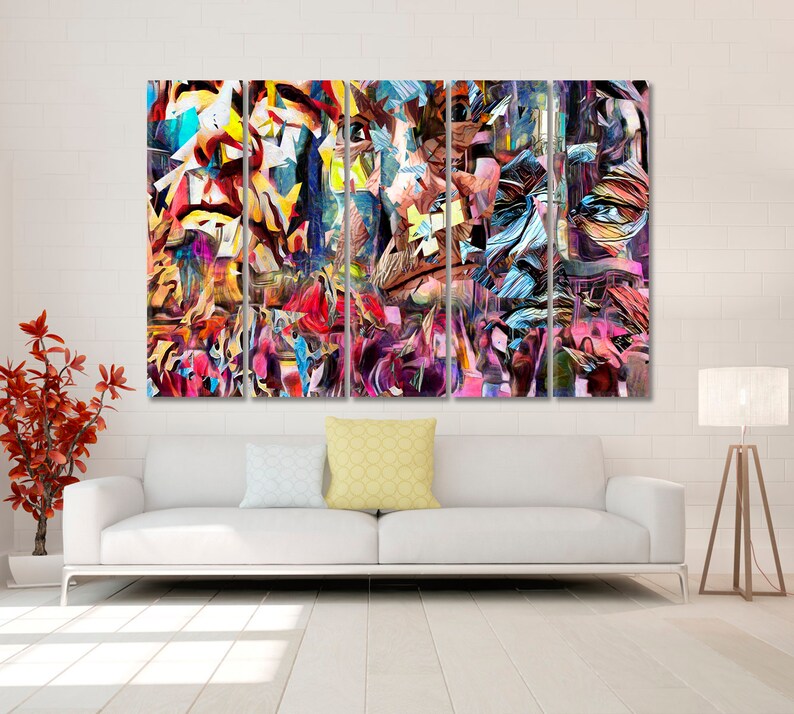 May include: Abstract art print featuring a colorful, fragmented portrait of a person. The print is divided into six panels, each with a different section of the face. The colors are vibrant and bold, and the overall effect is one of energy and movement.