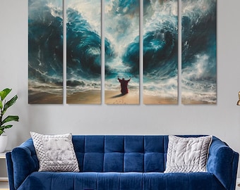 May include: A multi-panel canvas print depicting a man in a red robe standing on a beach with large waves crashing behind him. The sky is stormy and dramatic, with dark clouds and a bright light shining through.