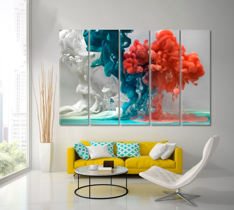 May include: Abstract art print featuring a multi-panel canvas with swirling colors of white, blue, and red. The colors appear to be mixing together in a water-like effect.