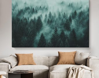 Misty Pine Forest Canvas Print, Foggy Mountain Landscape Wall Art, Green Trees Nature Decor, Mysterious Foggy Artwork, Forest Art