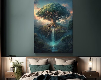 May include: A painting of a large, green tree with roots that form a waterfall. The tree is surrounded by lush greenery and a blue sky.