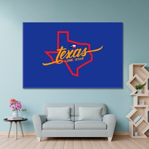 Impression sur toile du logo de la carte de l'état du Texas USA, art mural Texas Lone Star State, décoration murale emblème USA Texas, drapeau du Texas carte timbre affiche d'art