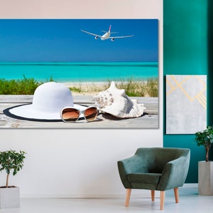 Sunny Beachside Essentials Canvas Print, Coastal Holiday Wall Art, Seashell and Sunglasses Decor, Relaxing Ocean View, Ready To Hang