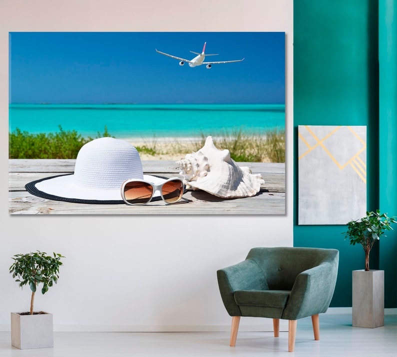 Sunny Beachside Essentials Canvas Print, Coastal Holiday Wall Art, Seashell and Sunglasses Decor, Relaxing Ocean View, Ready To Hang