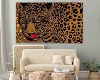 May include: Close-up of a black and brown leopard print with a red tongue sticking out. The leopard's eyes are wide open and staring directly at the viewer.