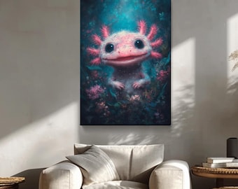 Pink Axolotl Canvas Print, Underwater Axolotl Wall Art for Bedroom, Axolotl Wall Decor, Great Gift for Aquatic Animal Lovers