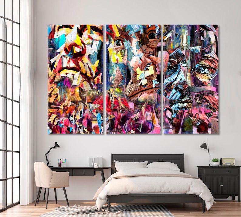 May include: Abstract art print featuring three panels with a colorful, geometric design of a face. The artwork is in shades of pink, blue, yellow, green, and orange.
