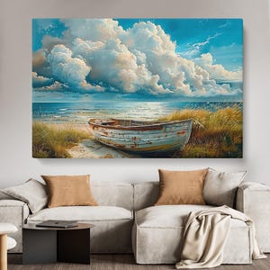 Boat on Beach Canvas Print, Rustic Coastal Wall Art, Seaside Cloudy Sky for Wall Decor, Boat Large Art Print Ready to Hang, Lake Art Decor