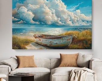 Canvastavla med båt på stranden, rustik kustväggkonst, molnig himmel vid havet för väggdekor, stort konsttryck med båt, redo att hängas, konstdekor med sjömotiv