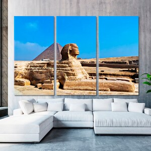 Impresión en lienzo de la Gran Esfinge / Póster de la Pirámide de Keops en Giza, Egipto, Decoración de pared del desierto, Impresión en lienzo con arte de la Esfinge, Arte arquitectónico emblemático