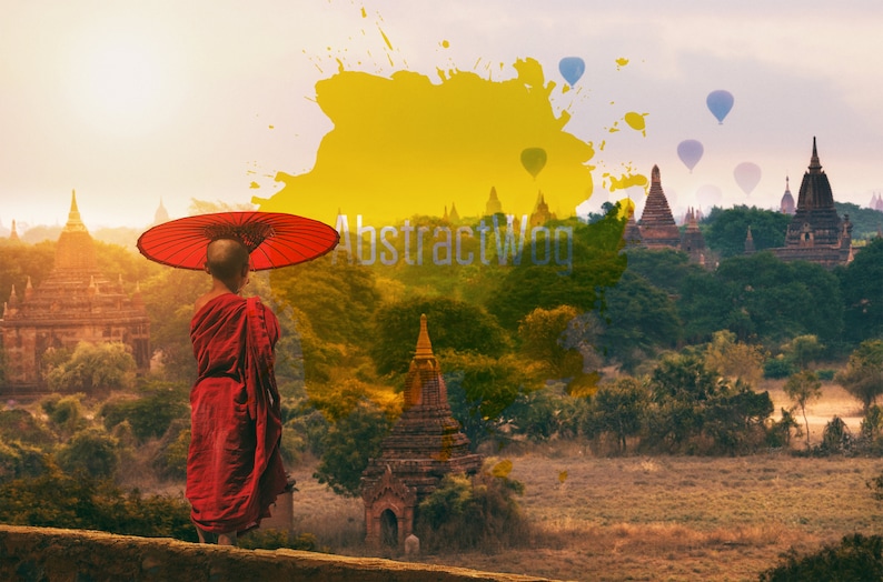 Buddhist Asia Bagan Novice Monk Artwork On Canvas, Old Pagoda Mandalay Landmark Poster Print, Ancient Architecture Wall Decor image 4