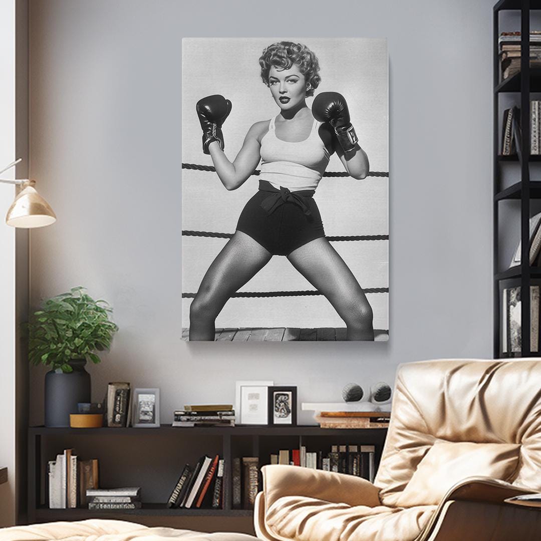 Boxing Pin Up Retro Female Boxer Canvas Print, Black and White Boxing Wall Art ...