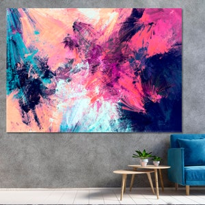 K&ouml;nnte beinhalten: Abstraktes Gem&auml;lde mit leuchtenden Farben, darunter Pink, Blau und Lila. Das Gem&auml;lde hat einen strukturierten Pinselstrich-Effekt und ist in einem einfachen schwarzen Rahmen gerahmt.