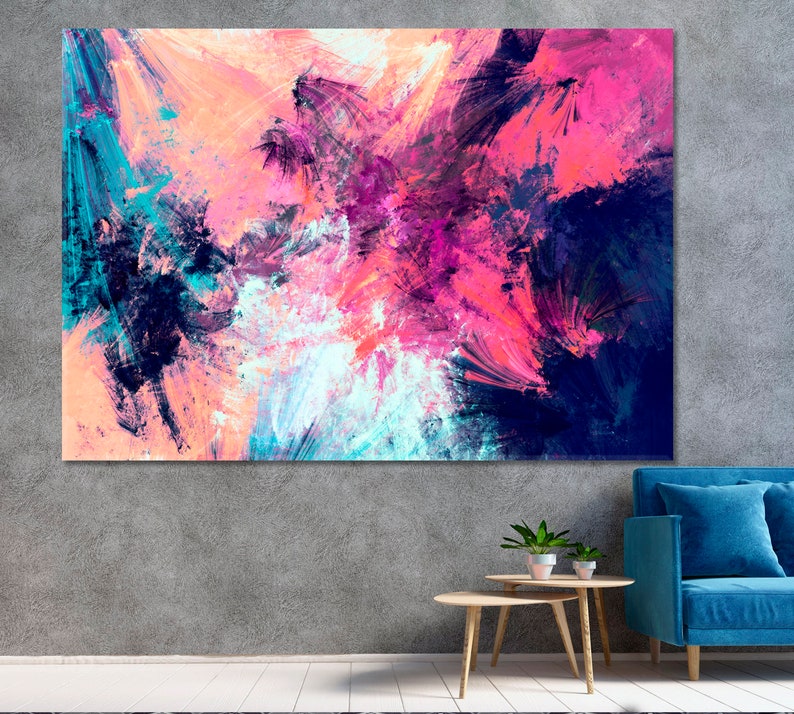 K&ouml;nnte beinhalten: Abstraktes Gem&auml;lde mit leuchtenden Farben, darunter Pink, Blau und Lila. Das Gem&auml;lde hat einen strukturierten Pinselstrich-Effekt und ist in einem einfachen schwarzen Rahmen gerahmt.