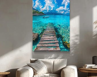 Blaues Meer Leinwanddruck, Tropische Meerlandschaft Wandkunst, Pier Blick für Strandhaus Dekor, Küsten Wohnzimmer oder Büro Kunstwerk