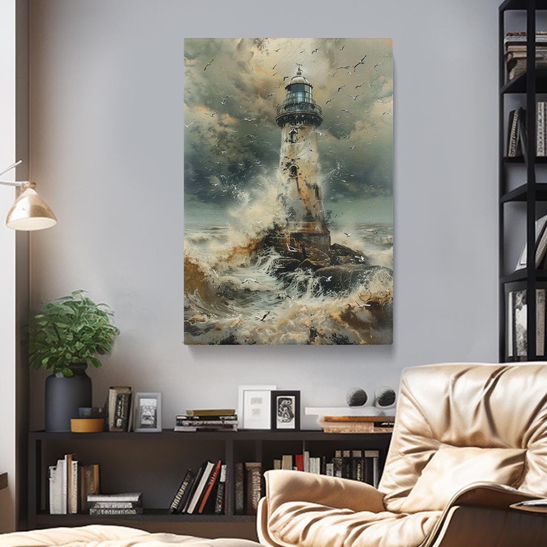 Lighthouse Wall Decor, Lighthouse in Ocean Storm Canvas Print, Dramatic Coastal Storm Wall Art, Nautical Decor for Office or Living Room