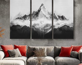 Impresión en lienzo de montaña, arte mural de montaña en blanco y negro, impresiones de arte mural en blanco y negro, decoración moderna de montaña, idea de regalo de montaña