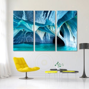 Marble Caves Patagonia Chile Poster Print, Turquoise Colors Splendid Shapes Marble Caves Photo Art Print, Unearthly Beauty Nature Art 3 Panels