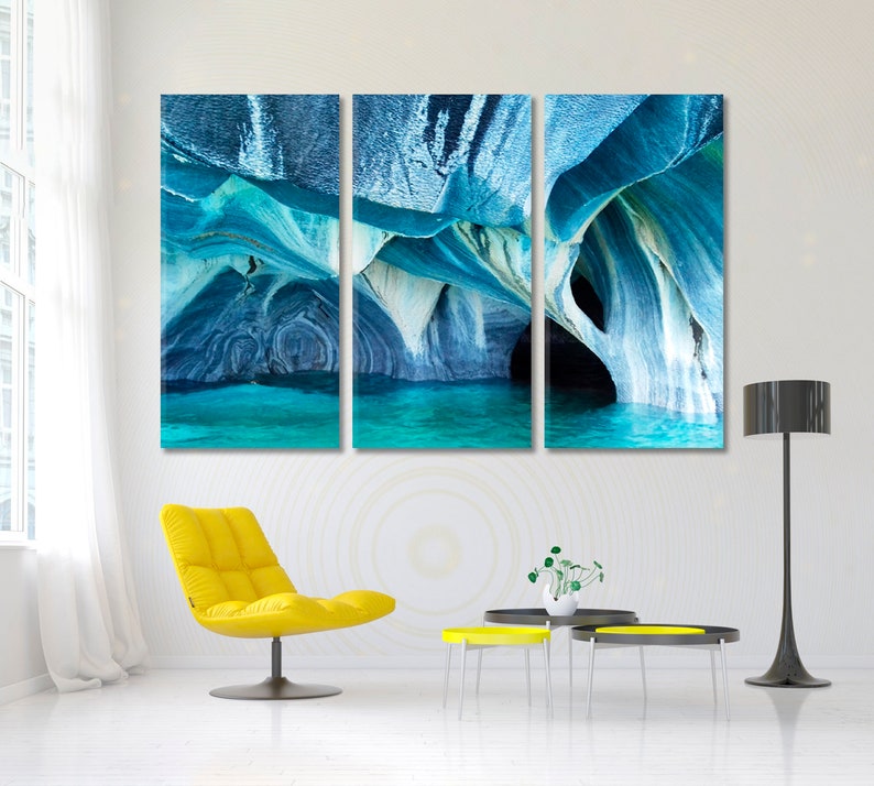 Marble Caves Patagonia Chile Poster Print, Turquoise Colors Splendid Shapes Marble Caves Photo Art Print, Unearthly Beauty Nature Art 3 Panels