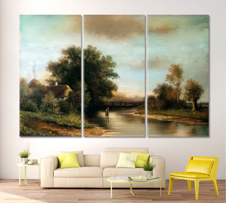 May include: A painting of a rural landscape with a small cottage, a bridge over a river, and trees. The sky is a light blue with white clouds. The painting is done in a realistic style.