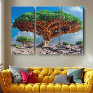 Stampa su tela &quot;Albero del Sangue di Drago&quot;, esclusiva decorazione murale con paesaggio desertico, decorazione naturale audace per soggiorno o ufficio, opera d&#39;arte con alberi, stampe naturalistiche