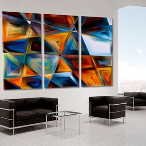 May include: Abstract art print with a geometric design in shades of blue, orange, and yellow. The print is divided into three panels.