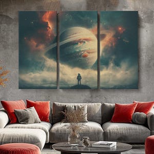 Astronaut and Planet Canvas Print, Cosmic Space Wall Art, Galaxy Decor, Outer Space Art Gift, Astronaut Art Print Framed Ready to Hang