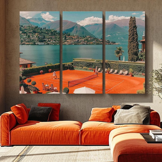 Tennis Art Decor, Italian Lakeside Tennis Court Canvas Print, Lake