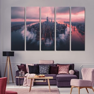 Manhattan Skyline Foggy Canvas Print, New York Cityscape Wall Art, Downtown Evening Decor, Ready to Hang Artwork, Office Wall Hangings
