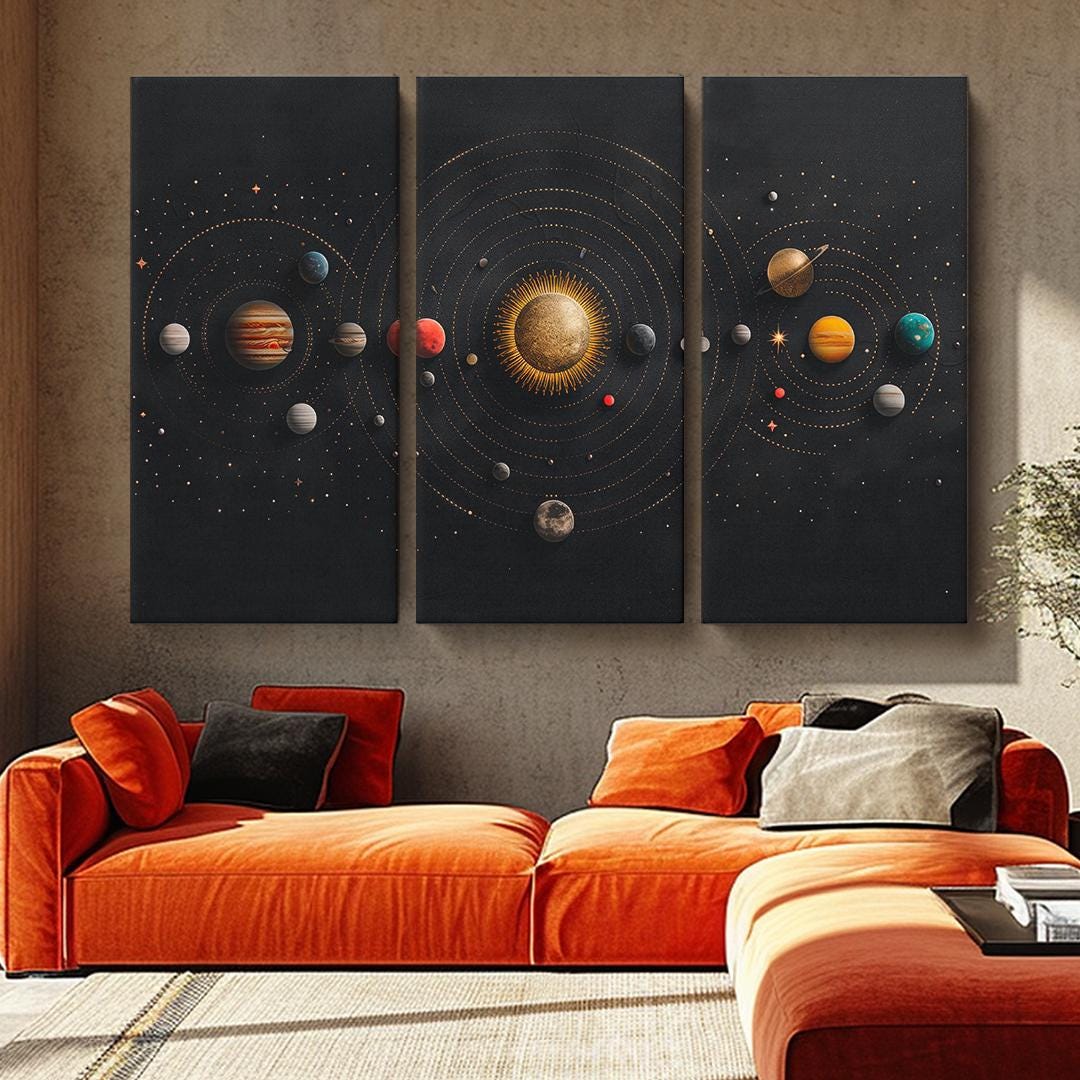 Golden Solar System and Planets Canvas Print, Outer Space Wall Art for ...