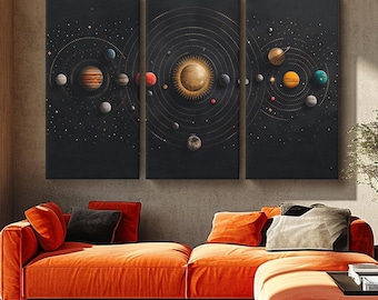 Golden Solar System and Planets Canvas Print, Outer Space Wall Art for Bedroom, Astronomy Art Room Decor, Solar System Large Art Print