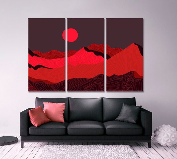 Red Mountain Lines Canvas Print Art, Mountains and Sun Landscape