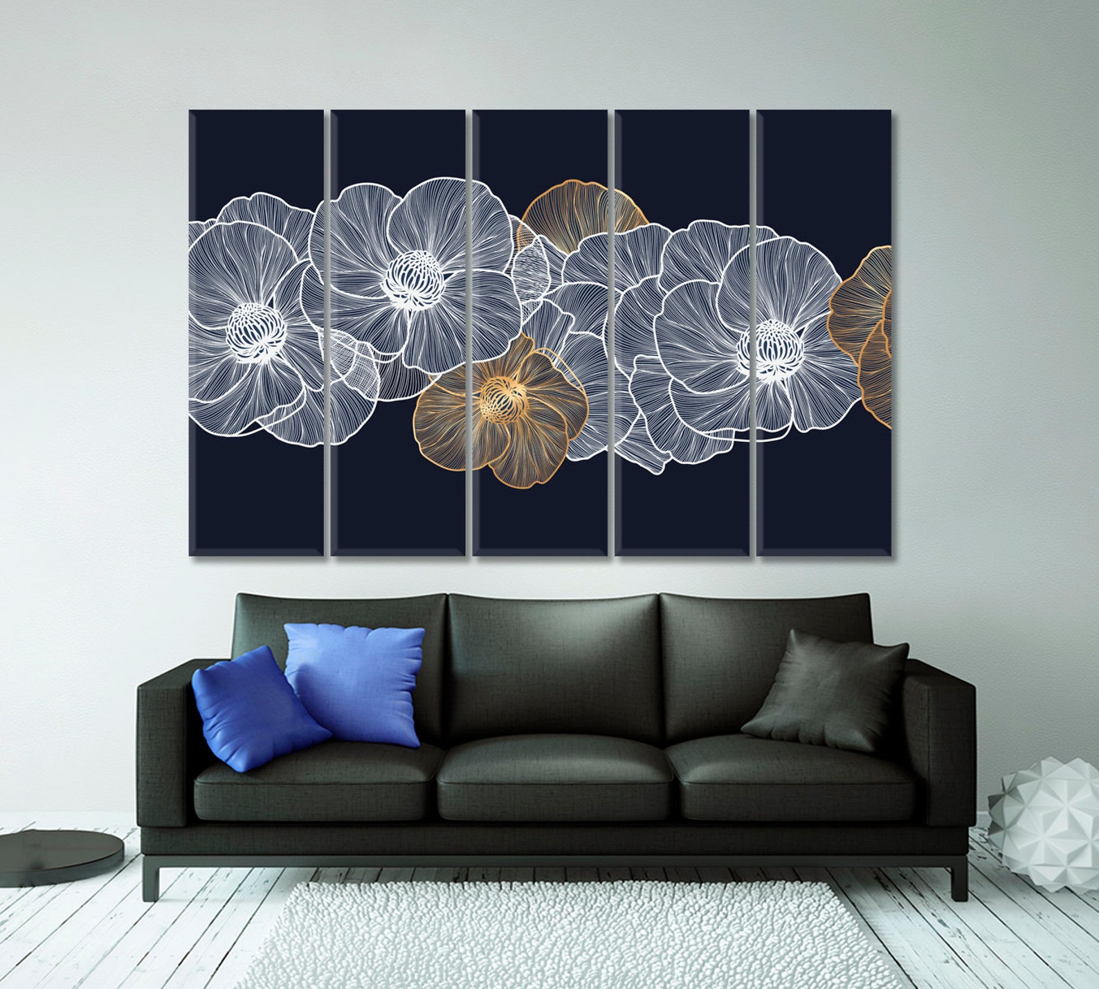 Luxury Dark Blue Art With Flower Design Wall Art Canvas Print - Etsy