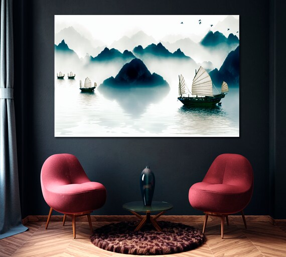 Ink Landscape Chinese Painting Style Canvas Print Wall Art Décor, Mountains in Fog Art Print, Misty Mountain Wall Art, Sailboat Horizon Art