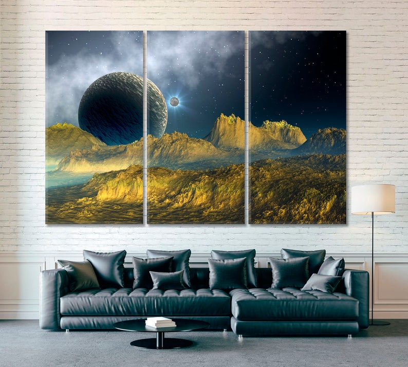Extraterrestrial Mountains Planetary Triptych Canvas Print, Cosmic Landscape Wall Art, Sci-Fi Fantasy Decor for Home Cinema, Stellar Gift for Astronomy Fans