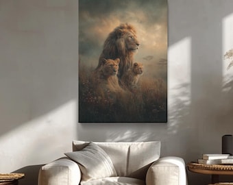 Lion Family Portrait Canvas Print, Wildlife Wall Art for Living Room or Nursery, Wild Lion Art Family Room Decor, Lion Artwork Ready to Hang