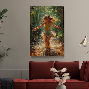 Dancing in Rain Wall Art, Girl Dancing in Rain Canvas Print, Rain Dance Rain Dance, Happy Art Prints, Little Girl Dancing Wall Hangings