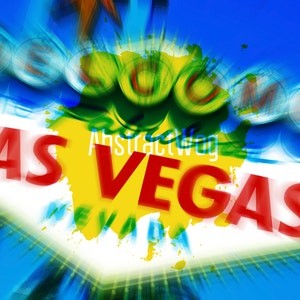 May include: A colorful, abstract image of the iconic "Welcome to Fabulous Las Vegas" sign with a blurred background. The sign is yellow with red lettering and a white outline. The background is a mix of blue, green, and white.