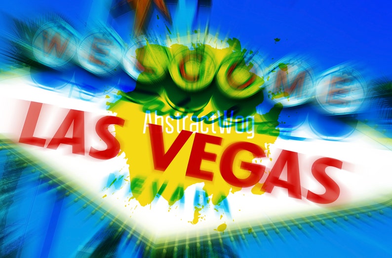 May include: A colorful, abstract image of the iconic "Welcome to Fabulous Las Vegas" sign with a blurred background. The sign is yellow with red lettering and a white outline. The background is a mix of blue, green, and white.