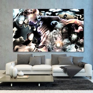 May include: Abstract art print featuring a surreal composition of swirling forms, eyes, and figures in shades of black, white, and beige. The artwork is displayed above a white sofa with gray pillows, a gray coffee table, and a dark gray rug.