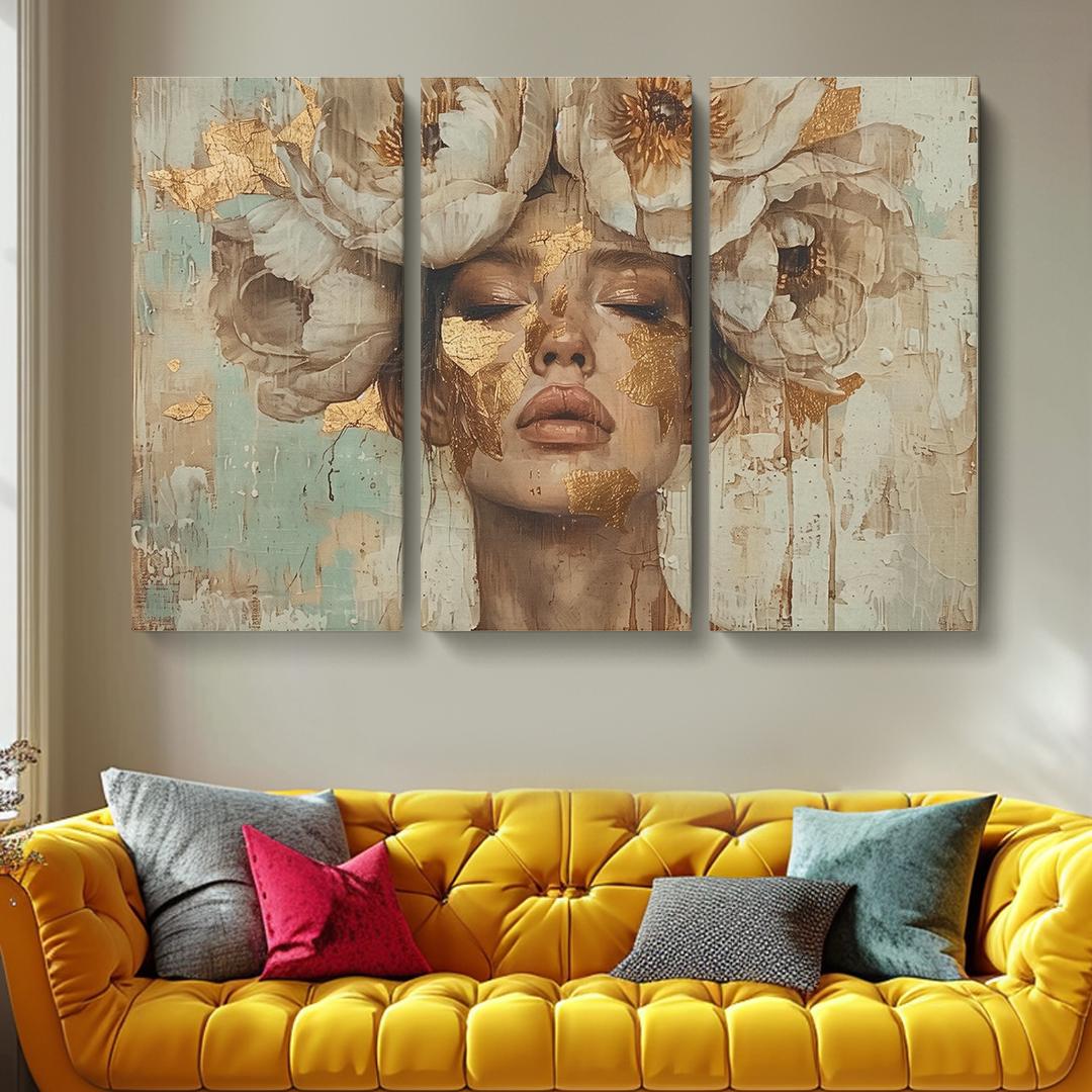 Elegant Woman Wall Art, Floral Portrait Triptych Canvas Print, Elegant ...