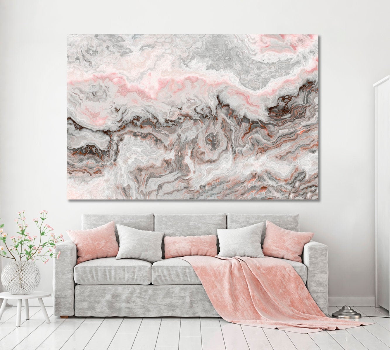 Abstract Grey Onyx and Rose Inclusions Canvas Print Pale Pink